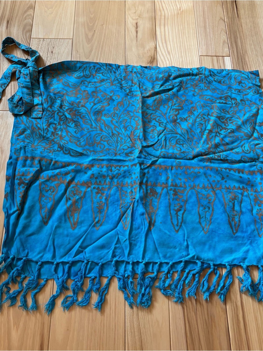 Vintage Blue Boho Fringe Accent Patterned Side Tie Swim Cover Up Skirt